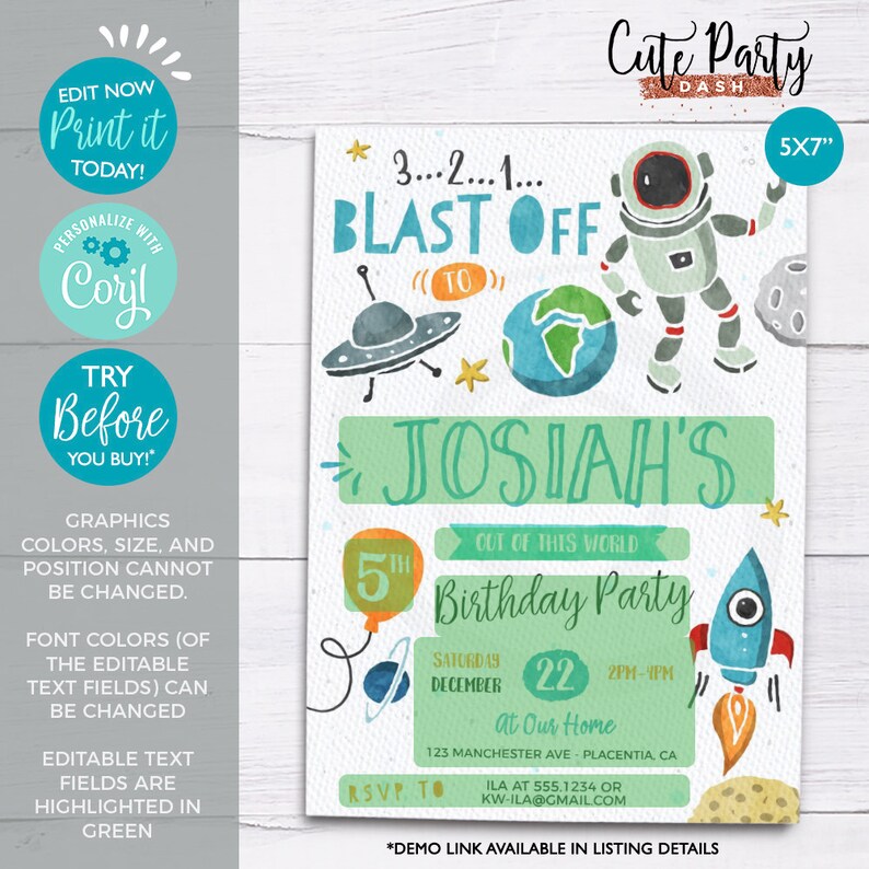May include: A 5x7 inch printable invitation for a 5th birthday party with a space theme. The invitation features a cartoon astronaut, a rocket ship, a planet, and a UFO. The text on the invitation reads "3...2...1... Blast Off to Josiah's Out of This World Birthday Party".