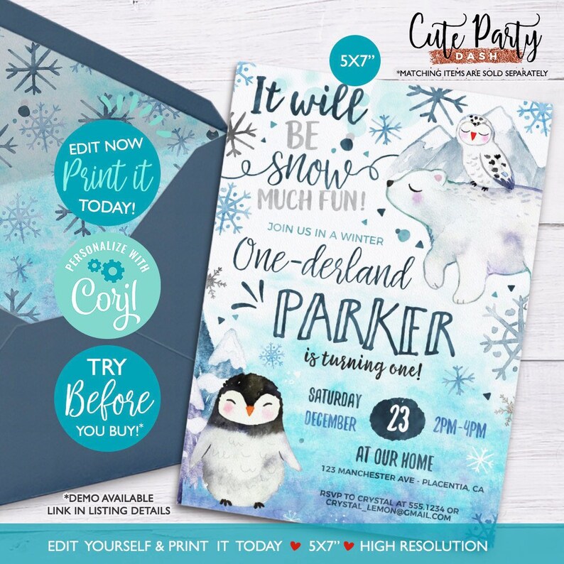 May include: A blue and white printable invitation for a winter-themed party. The invitation features a penguin, a polar bear, and an owl. The text on the invitation reads "It will be snow much fun! Join us in a winter One-derland Parker is turning one! Saturday December 23 2PM-4PM At our home 123 Manchester Ave - Placentia, CA RSVP to Crystal at 555.1234 or crystal_lemon@gmail.com".