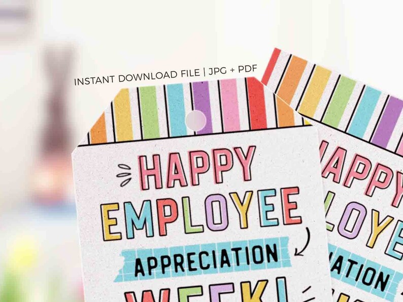 Puede incluir: Etiqueta imprimible con un borde rayado arco&iacute;ris y el texto "Happy Employee Appreciation Week" en letras de colores.
