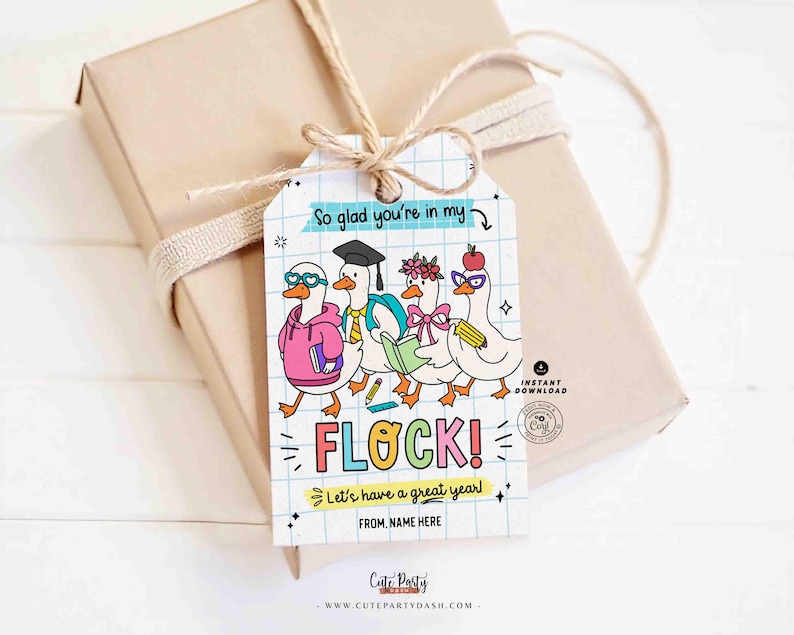 May include: A gift tag with a cartoon illustration of four geese wearing glasses, a graduation cap, and flower crowns. The tag reads "So glad you're in my FLOCK! Let's have a great year!" and is tied to a wrapped gift with twine.