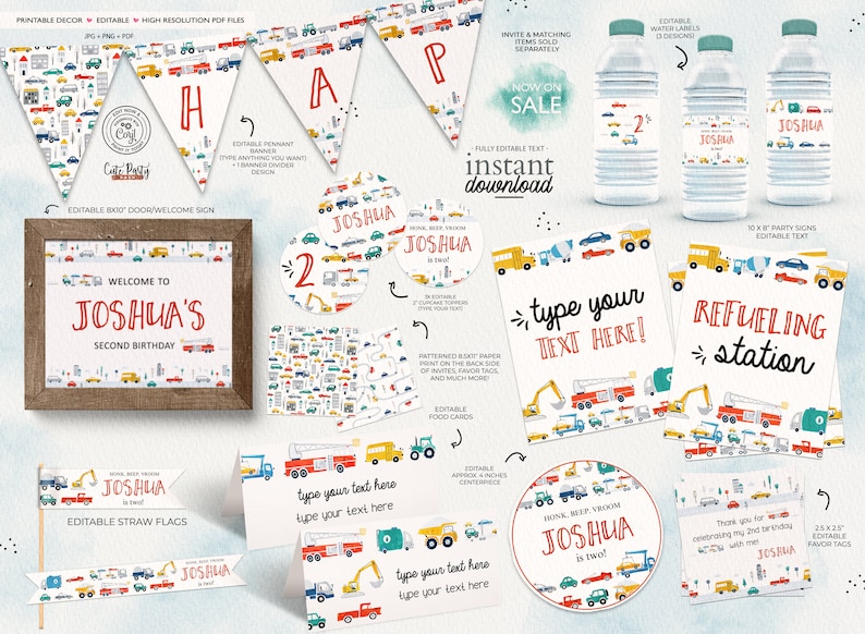May include: A printable set of party decorations for a second birthday with a construction vehicle theme. The set includes a welcome sign, pennant banners, water bottle labels, food cards, straw flags, and party signs. The decorations feature a variety of construction vehicles, including trucks, excavators, and bulldozers, in shades of red, yellow, blue, and green. The text on the decorations is editable, allowing you to personalize them for your party.
