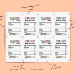 May include: Printable teacher report cards with a colorful rainbow design. The cards have a title that says "Teacher Report Card" and include categories like "Caring", "Communicative", "Passionate", "Encouraging", "Creative", "Engaging", "Dedicated", and "Confidence".
