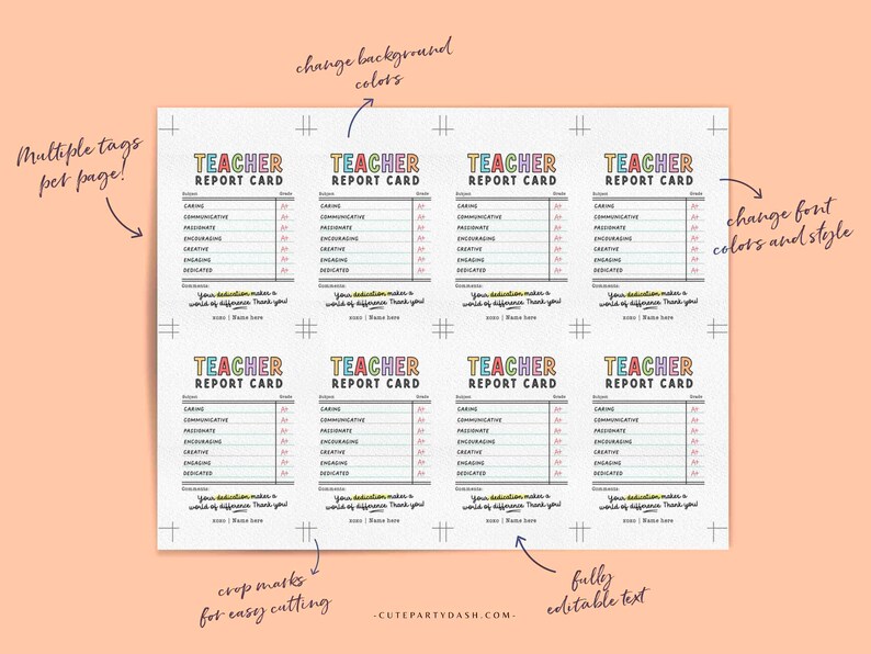 May include: Printable teacher report cards with a colorful rainbow design. The cards have a title that says "Teacher Report Card" and include categories like "Caring", "Communicative", "Passionate", "Encouraging", "Creative", "Engaging", "Dedicated", and "Confidence".