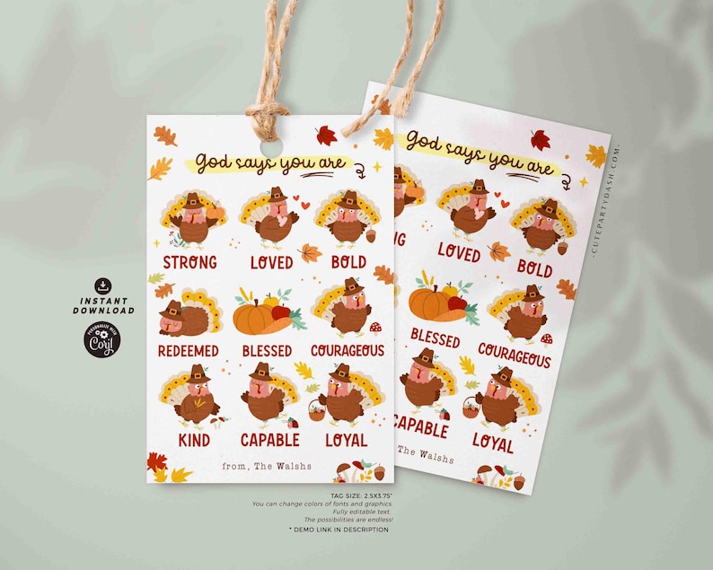 God Says You Are Religious Thanksgiving Gift Tag Printable INSTANT DOWNLOAD Christian Affirmation Tags Fall Appreciation Sunday School