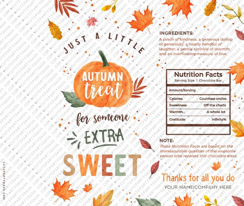 Autumn Treat Chocolate Wrapper INSTANT DOWNLOAD Fall Appreciation Gift EDITABLE Candy Bar Label Thanksgiving Company Staff Teacher pta pto