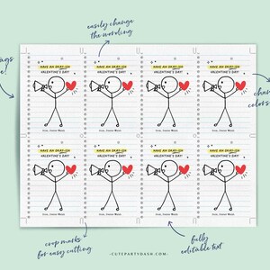 May include: Printable Valentine's Day tags featuring a stick figure holding a megaphone and a heart. The tags are designed to look like notebook paper with lines and holes. The text on the tags reads "Have an Okay-ish Valentine's Day!"