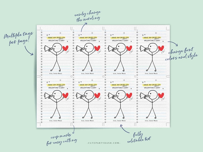 May include: Printable Valentine's Day tags featuring a stick figure holding a megaphone and a heart. The tags are designed to look like notebook paper with lines and holes. The text on the tags reads "Have an Okay-ish Valentine's Day!"