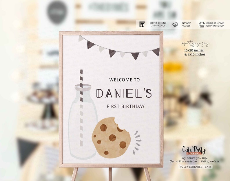 Minimalist Milk and Cookies Birthday Party Welcome Sign, Door sign, Birthday Poster, Editable printable Decor board INSTANT DOWNLOAD