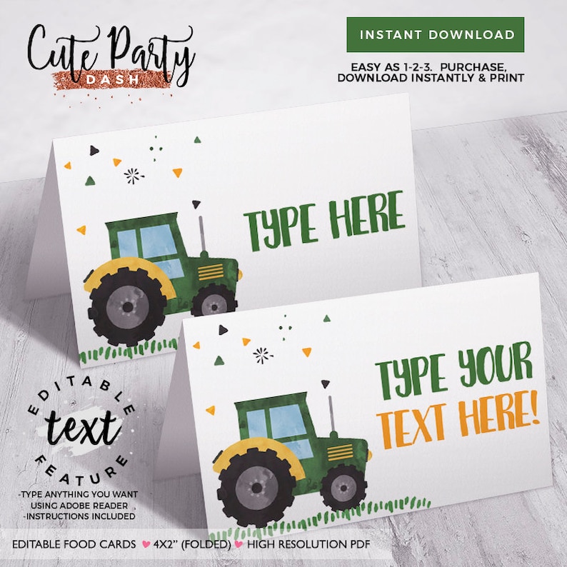 May include: Editable food cards featuring a green and yellow tractor on a white background with green and yellow confetti. The text "Type Here" and "Type Your Text Here!" is on the cards. The cards are 4x2 inches and folded.
