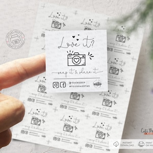 May include: Printable photo booth props with a black and white camera icon and the text "Love it? Snap it & share it" with social media icons and hashtags.