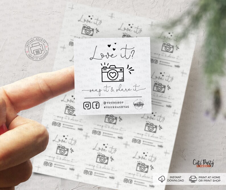 May include: Printable photo booth props with a black and white camera icon and the text "Love it? Snap it & share it" with social media icons and hashtags.