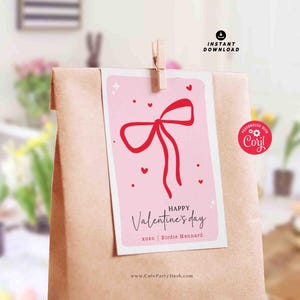 Red Coquette Bow Happy Valentine's Day Gift Tag Printable INSTANT DOWNLOAD Whimsical Teacher Valentines Gift Co worker Team EDITABLE Kids