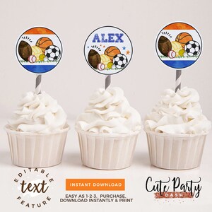 INSTANT DOWNLOAD - EDITABLE Sports Birthday Cupcake toppers decorations printable decor Sports party Baseball golf football soccer ball