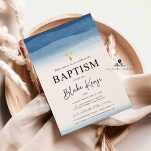 Blue Watercolor Baptism Invitation Printable INSTANT DOWNLOAD, Editable Minimalist Boy Baptism Invite, Christening invitation Template BP010