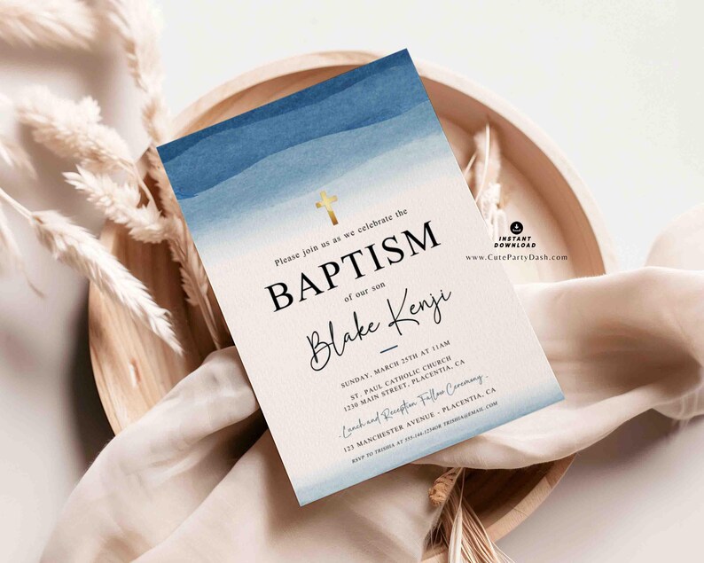 Blue Watercolor Baptism Invitation Printable INSTANT DOWNLOAD, Editable Minimalist Boy Baptism Invite, Christening invitation Template BP010