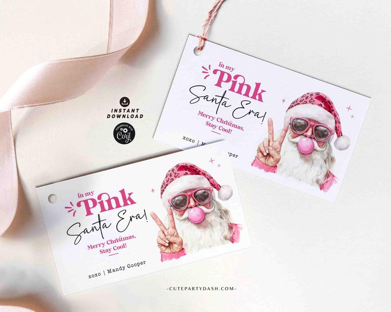 In My Pink Santa Era Christmas Gift Tag Printable INSTANT DOWNLOAD Trendy Retro Christmas Gift Tag –  Cool Santa Holiday Tag for Fun Gifting