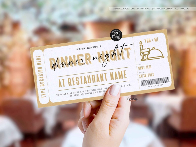 May include: A printable dinner date ticket with a gold and white color scheme. The ticket says "We're having a dinner night at [Restaurant Name]" and "You - Me".