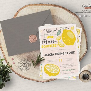 May include: A pink and white bridal shower invitation with a lemon illustration and the text "She found her main squeeze!"  Let's shower the bride-to-be, Alicia Bringstone.  Saturday, October 31st at 11am.  The Lorien Hotel, 125 Manchester Avenue, Placentia, CA.  Kindly RSVP to Kayla at 555-1234.