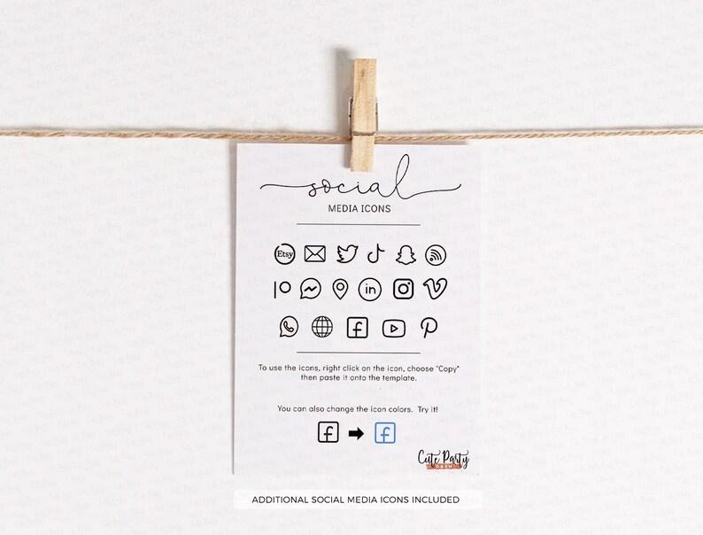 May include: A printable sheet with social media icons, including Facebook, Instagram, Twitter, Pinterest, YouTube, TikTok, and more. The text "social media icons" is at the top of the sheet. The text "additional social media icons included" is at the bottom of the sheet.