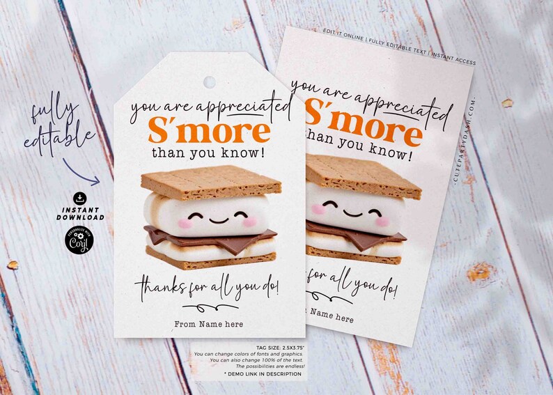Może przedstawiać: Drukowana etykieta prezentowa z kresk&oacute;wkowym s'morem z tekstem "You are appreciated S'more than you know!" i "Thanks for all you do!" Etykieta jest edytowalna i można ją spersonalizować nazwą.