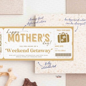 Mother's Day Gift Editable Weekend Getaway Voucher Template, Surprise Trip gift ticket from Daughter, son, Travel Voucher INSTANT DOWNLOAD