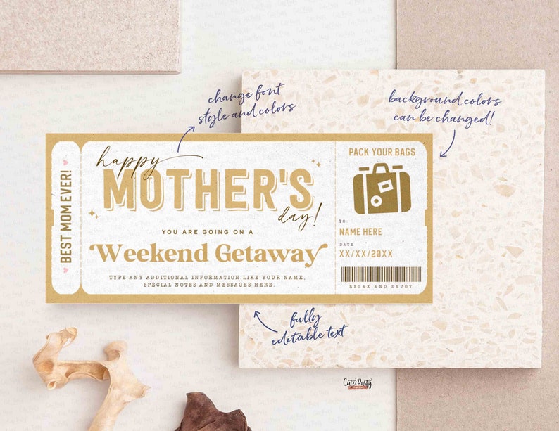 Mother's Day Gift Editable Weekend Getaway Voucher Template, Surprise Trip gift ticket from Daughter, son, Travel Voucher INSTANT DOWNLOAD