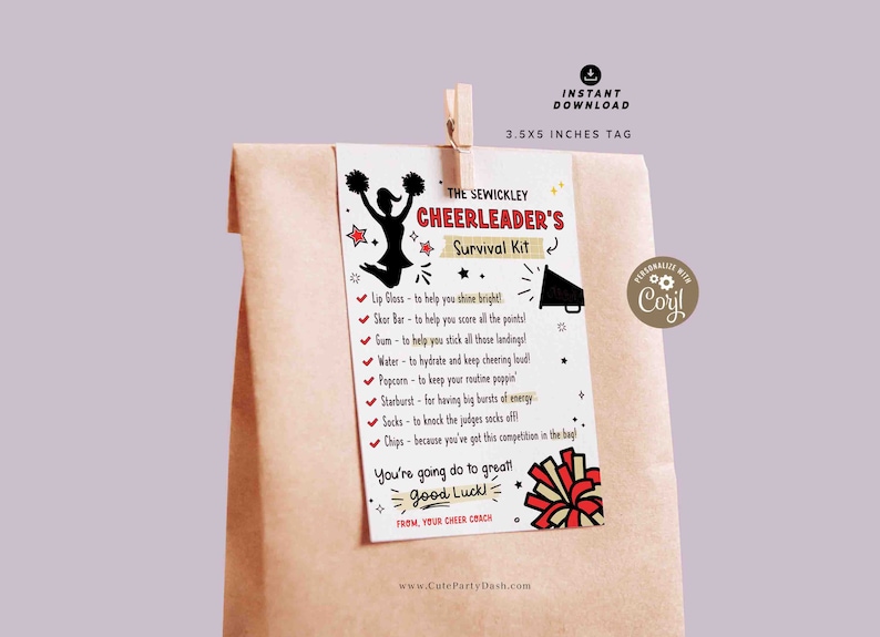 Cheerleader Survival Kit Tag Printable INSTANT DOWNLOAD Editable Cheer Team Gift Survival Kit Card Good Luck School Sports Player Gift Treat
