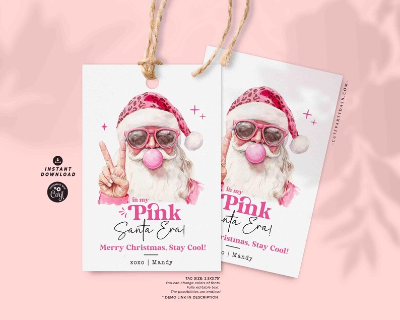 In My Pink Santa Era Christmas Gift Tag Printable INSTANT DOWNLOAD Trendy Retro Christmas Gift Tag –  Cool Santa Holiday Tag for Fun Gifting