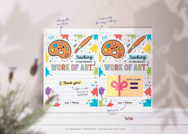 Editable Thank You Gift Card Holder template Printable Art Teacher Appreciation Week Gift End of the year Gift Card Holder INSTANT DOWNLOAD