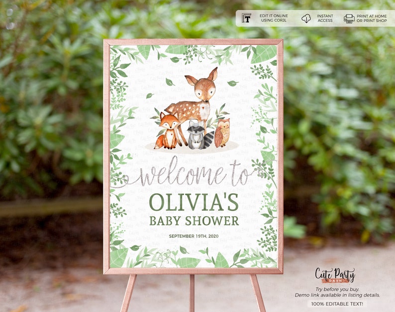 Editable Woodland Baby Shower Sign Greenery Woodland Etsy