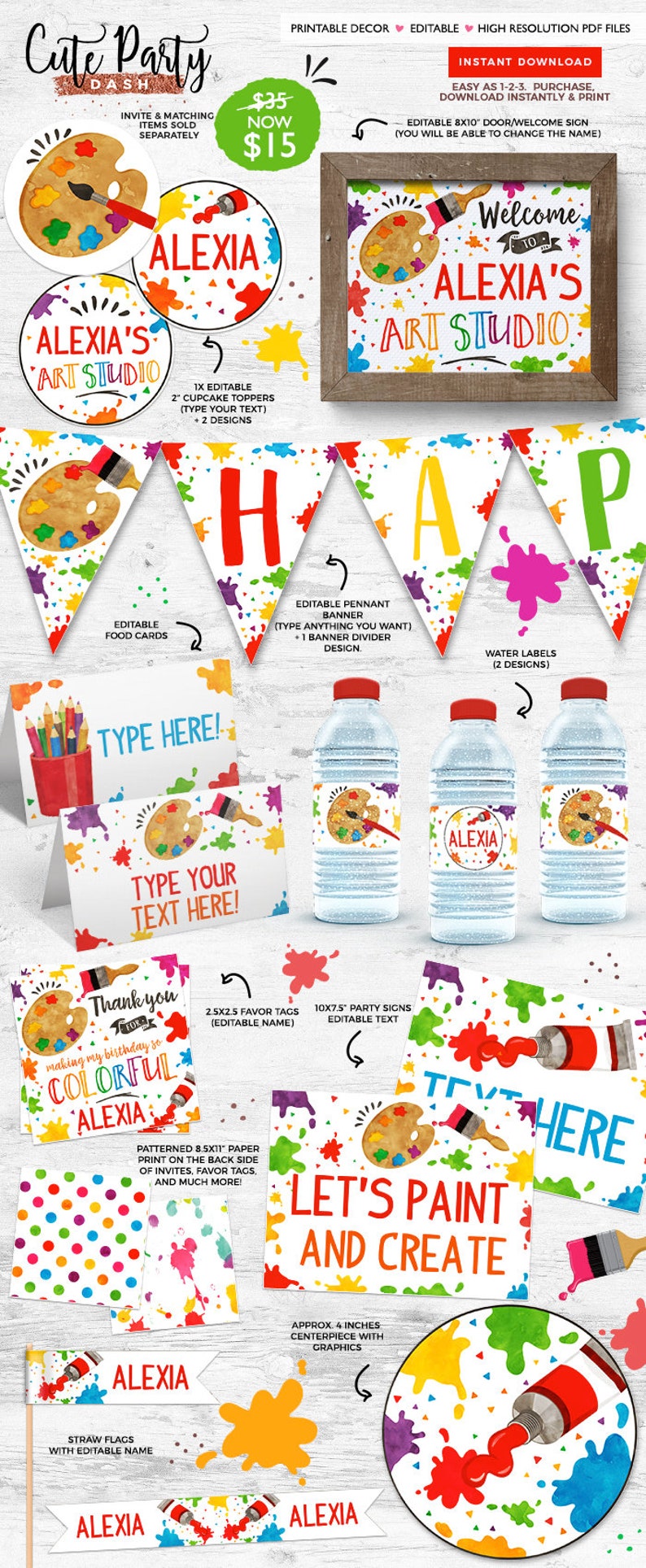 Pu&ograve; includere: Decorazioni per feste stampabili a tema artistico. Il set include un cartello di benvenuto, topper per cupcake, carte per il cibo, etichette per bottiglie d'acqua, etichette per bomboniere, cartelli per feste e uno striscione. Le decorazioni presentano una tavolozza di colori, pennelli e schizzi di vernice colorati. Il testo sul cartello di benvenuto dice "Benvenuti allo studio d'arte di Alexia".