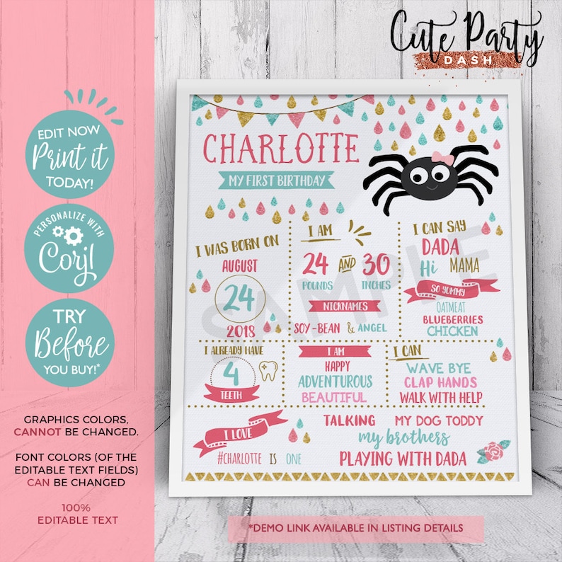 Editable Itsy Bitsy spider First birthday Girl Milestone poster