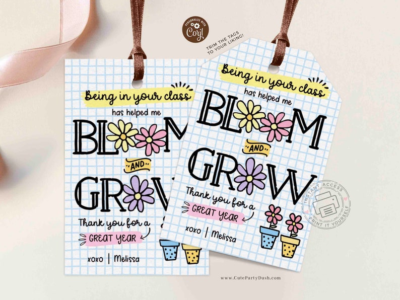 Editable End of Year Bloom and Grow Printable Teacher Appreciation Gift Tag, Last day of school plant flower seeds Gift tag INSTANT DOWNLOAD