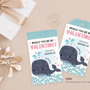 May include: Two printable Valentine's Day cards featuring a whale with the text "Whale you be my Valentine?" and "Your friend, Jackson Lee".