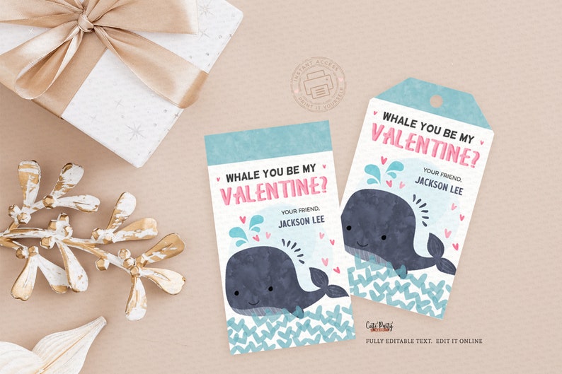 May include: Two printable Valentine's Day cards featuring a whale with the text "Whale you be my Valentine?" and "Your friend, Jackson Lee".