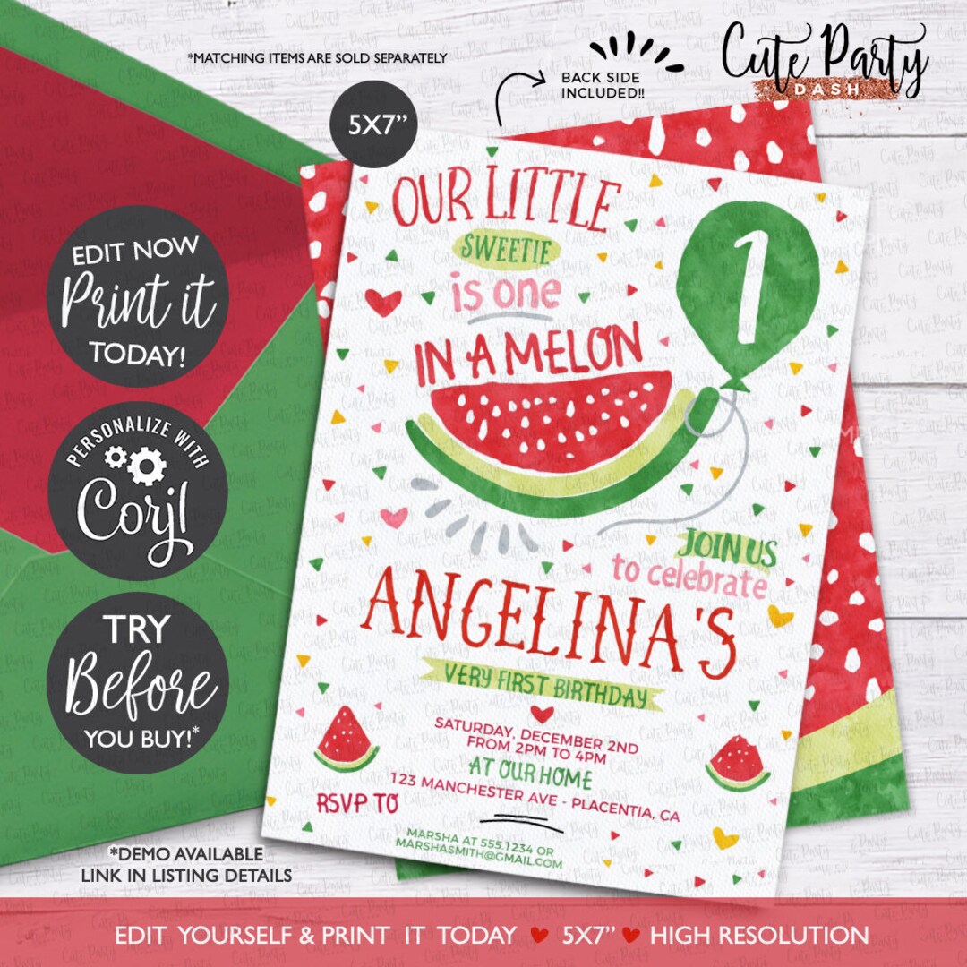 INSTANT DOWNLOAD - EDITABLE Watermelon Birthday Invitation One in a ...