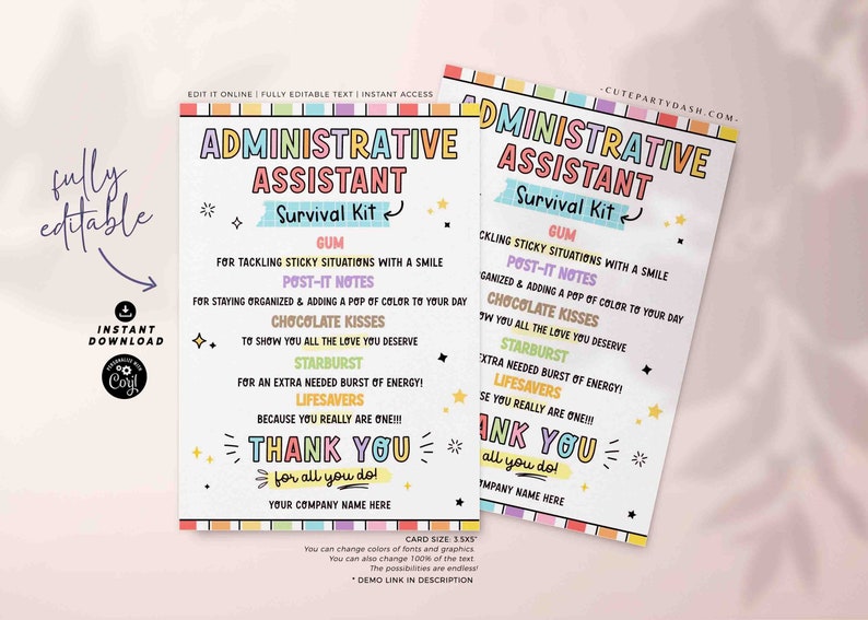 Administrative Assistant Survival Kit Tag: Printable Thank You Card (Digital Download) image 1