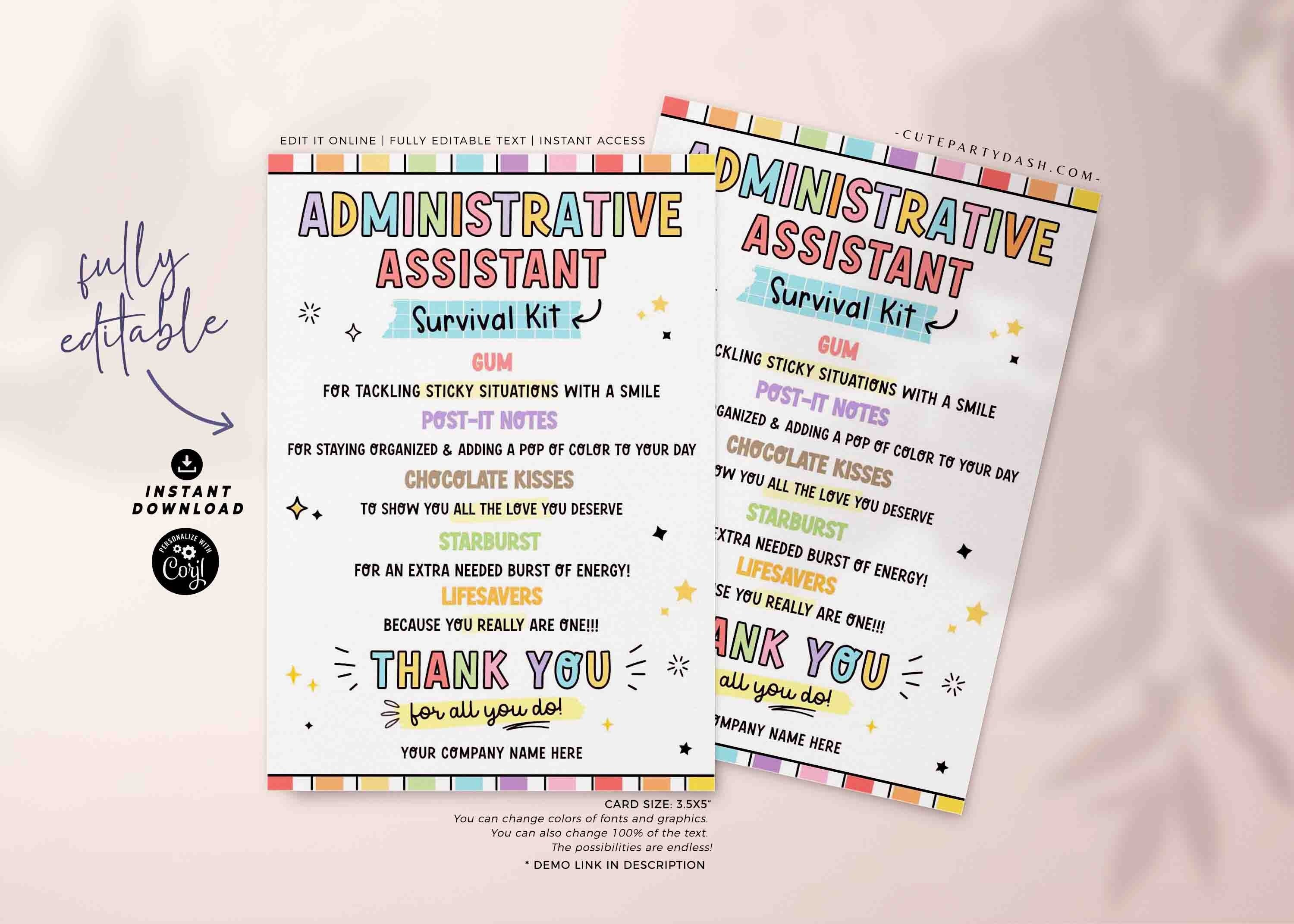 Administrative Assistant Survival Kit Tag: Printable Thank You Card (Digital Download)