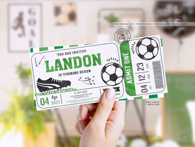 INSTANT DOWNLOAD, Editable Soccer Birthday Ticket invitation