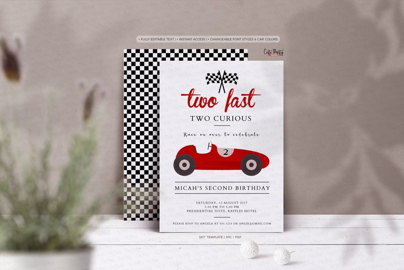 Two Fast Two Curious Birthday Invitation: Race Car Party (Digital Download) image 1