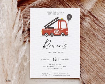 Invitation d'anniversaire de camion de pompier : fête de pompier minimaliste (téléchargement instantané)