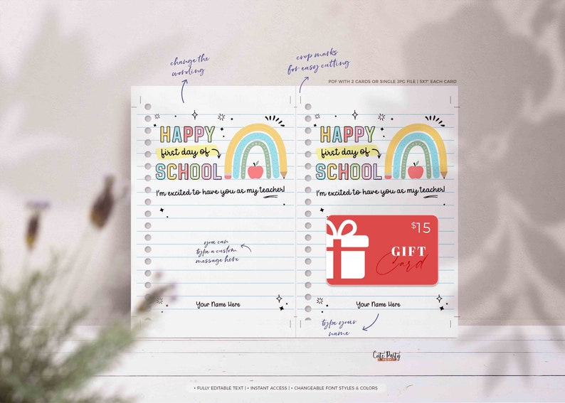 Editable Happy First Day of School Rainbow Gift Card Holder Welcome Back to School Teacher Gift card School Supplies Card INSTANT DOWNLOAD