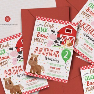 Red Barnyard Birthday Party Invitation, Farm Animals Invite, Gingham ...