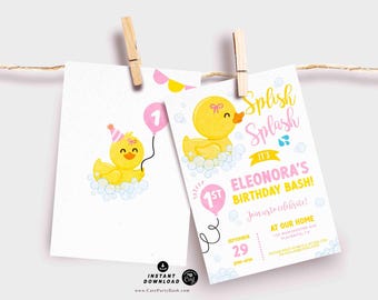 Rubber Ducky Girl Birthday Invitation: Pink & Yellow (Editable, Instant Download)