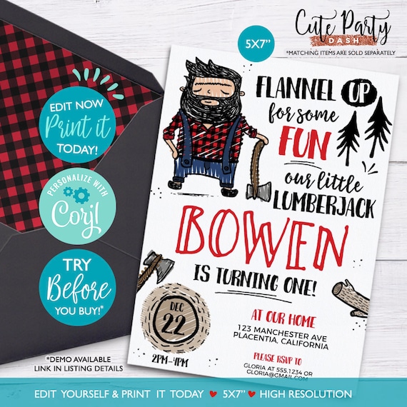 INSTANT DOWNLOAD EDITABLE Lumberjack First Birthday Party | Etsy