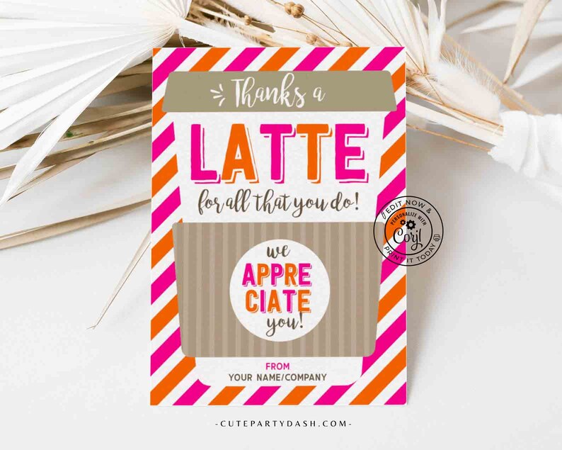 Editable Thanks a Latte Card Coffee Holder template, Teacher Appreciation, Nurse, Staff, Volunteer, Dunkin' Donuts Gift Card Holder, INSTANT DOWNLOAD