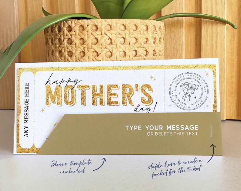 Mother's Day Gift Voucher, Surprise Gift for Mom Certificate Template, Experience Ticket Editable Golden Gift Ticket Coupon INSTANT DOWNLOAD