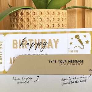 May include: A printable birthday ticket template with a gold and white striped design. The ticket says "Happy Birthday" and has a space to type a message. The ticket is designed to be used with a sleeve template, which is included.