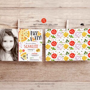 May include: A printable 5x7 inch invitation template for a pizza party. The invitation features a cartoon pizza with toppings and the text "Pizza Party!" and "Join us to celebrate Scarlett turning 8".