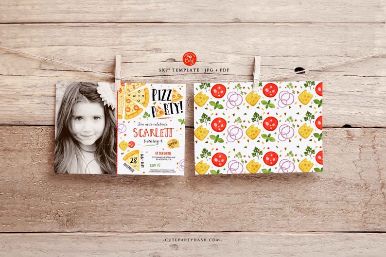 May include: A printable 5x7 inch invitation template for a pizza party. The invitation features a cartoon pizza with toppings and the text "Pizza Party!" and "Join us to celebrate Scarlett turning 8".